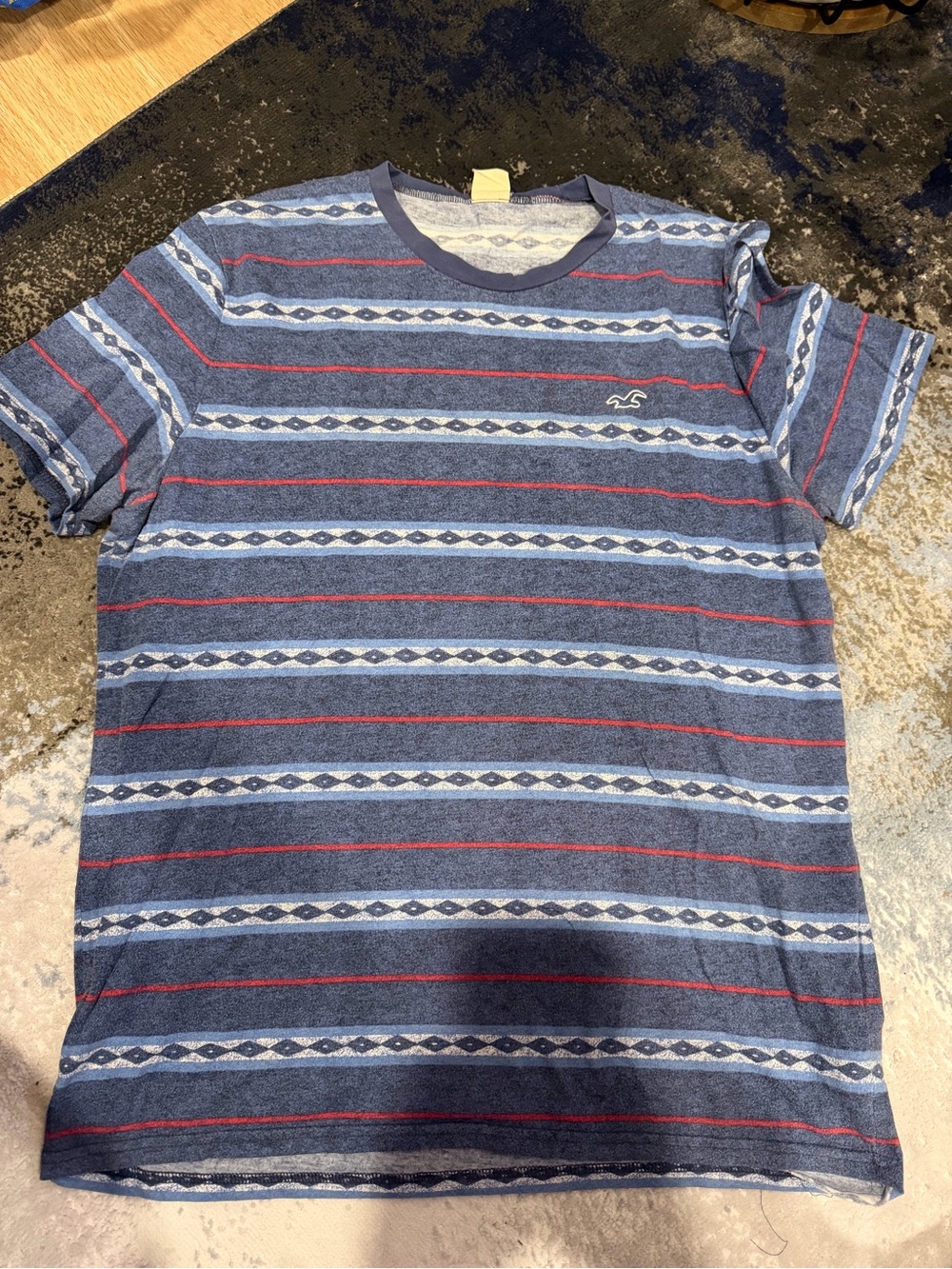 Hollister Navy Blue Striped Crewneck Tee with Red Accent